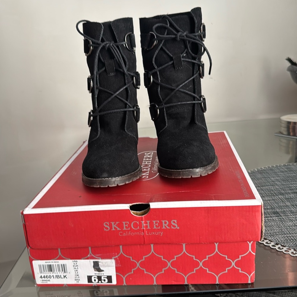 Black Suede Laced Wedge Booties